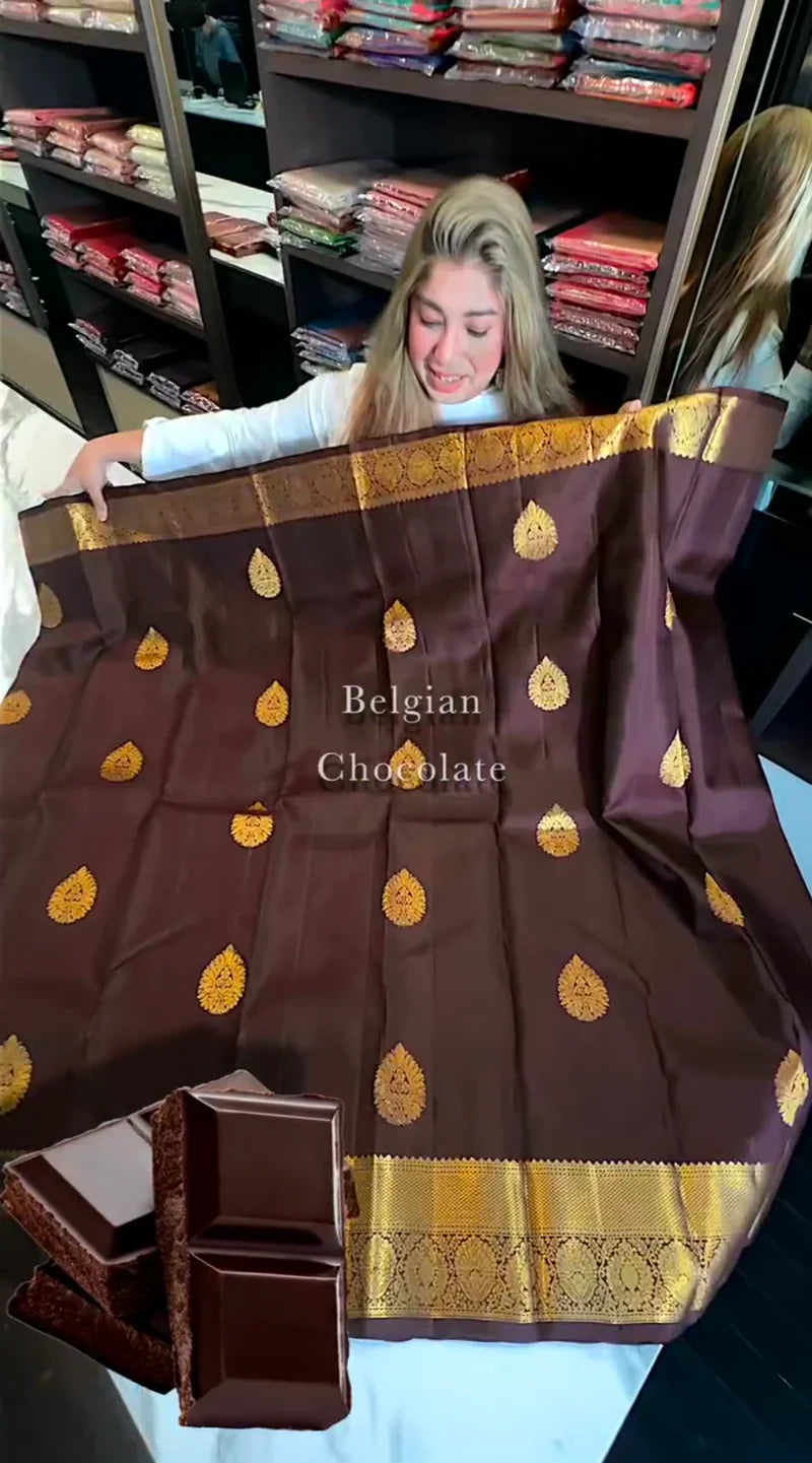 Belgium Dark Chocolate Color Kanjivaram Soft Silk Saree