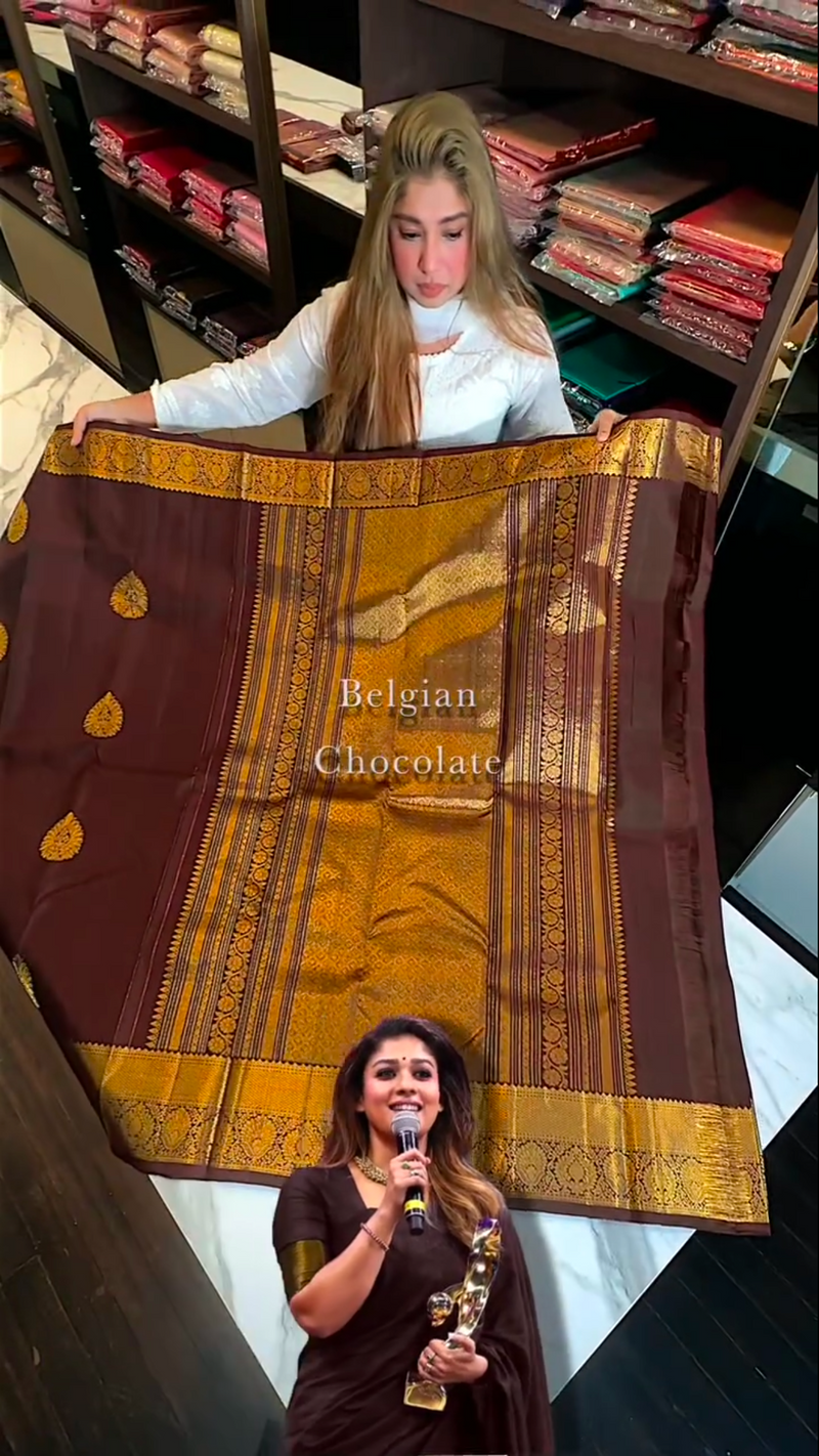 Belgium Dark Chocolate Color Kanjivaram Soft Silk Saree